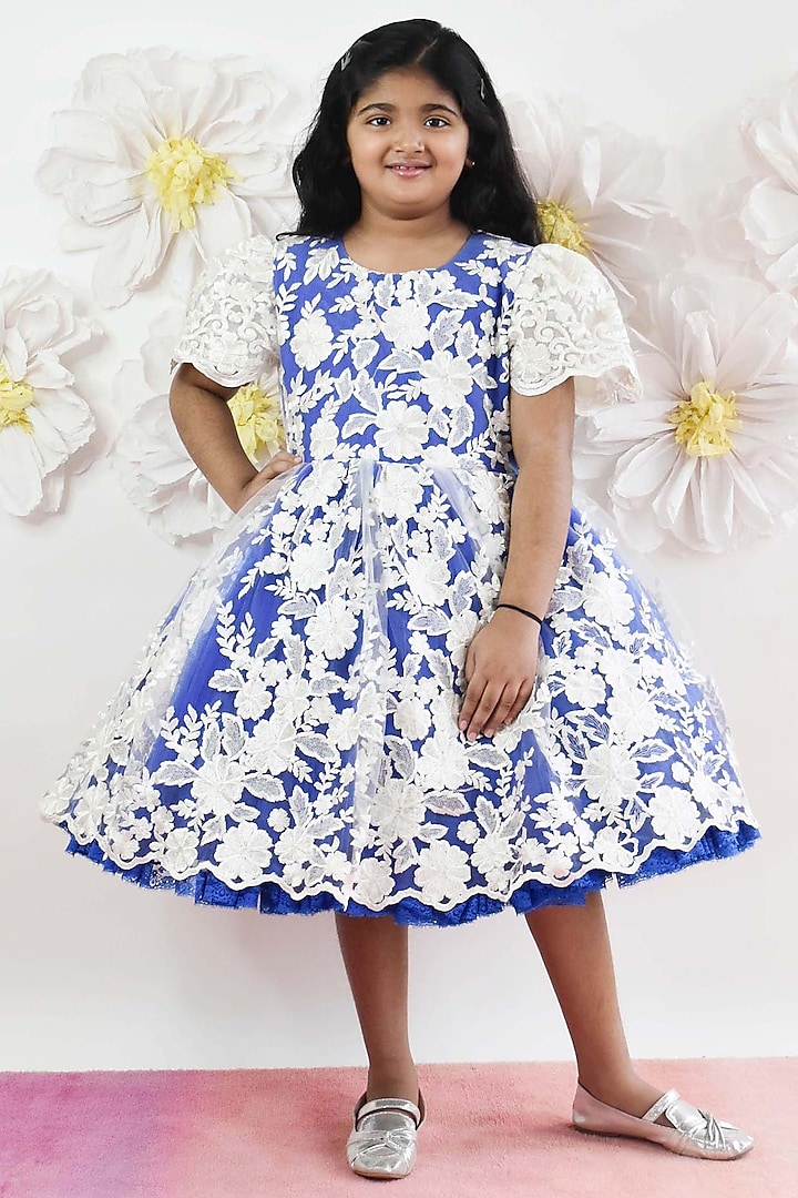 Blue & White Net Frock For Girls by Fayon Kids