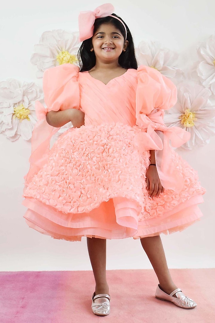 Neon Peach Organza Frock For Girls by Fayon Kids