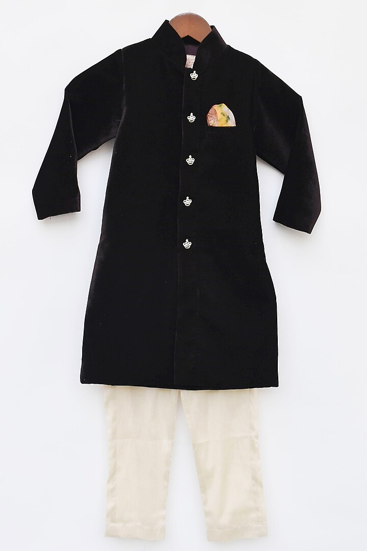 Brown Velvet Achkan Kurta Set For Boys by Fayon Kids at Pernia's Pop Up Shop