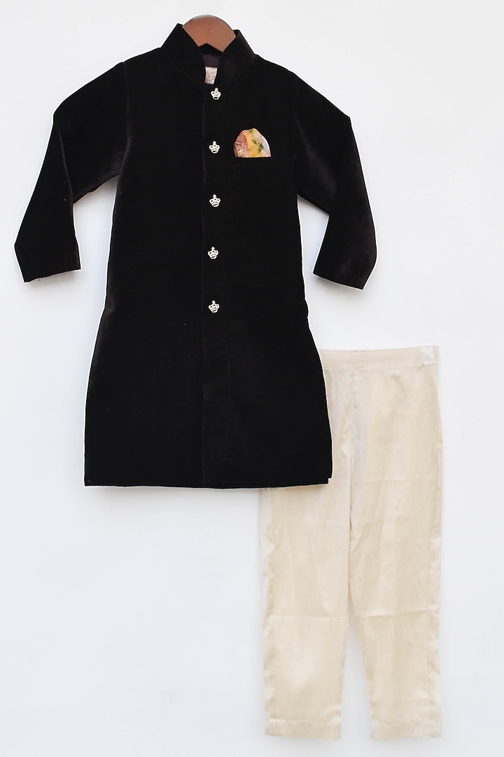 Brown Velvet Achkan Kurta Set For Boys by Fayon Kids at Pernia's Pop Up Shop