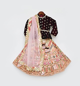 Peach Velvet Embroidered Lehenga Set For Girls by Fayon Kids