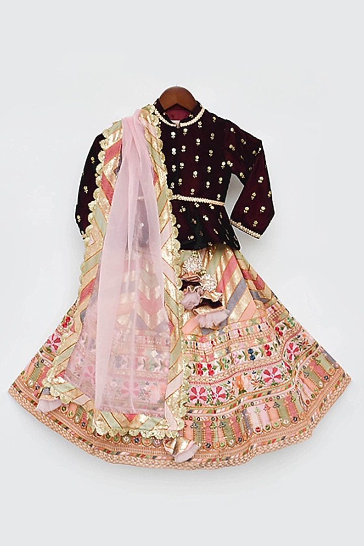Peach Velvet Embroidered Lehenga Set For Girls by Fayon Kids at Pernia's Pop Up Shop