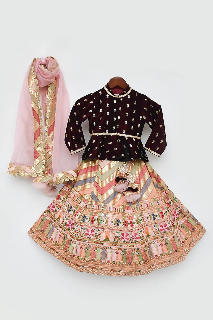 Peach Velvet Embroidered Lehenga Set For Girls by Fayon Kids at Pernia's Pop Up Shop