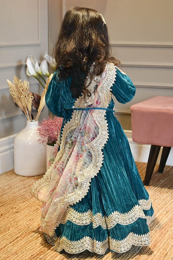 Green Velvet Embroidered Lehenga Set For Girls by Fayon Kids at Pernia's Pop Up Shop