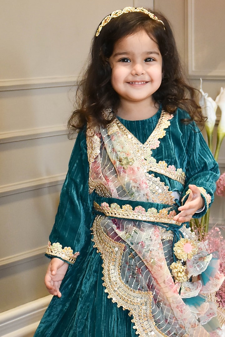 Green Velvet Embroidered Lehenga Set For Girls by Fayon Kids at Pernia's Pop Up Shop