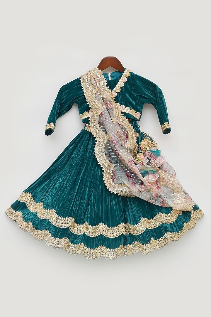 Green Velvet Embroidered Lehenga Set For Girls by Fayon Kids at Pernia's Pop Up Shop