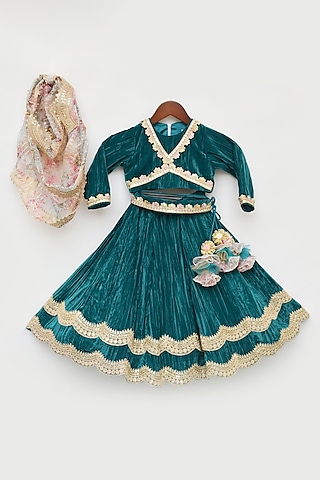 Green Velvet Embroidered Lehenga Set For Girls by Fayon Kids