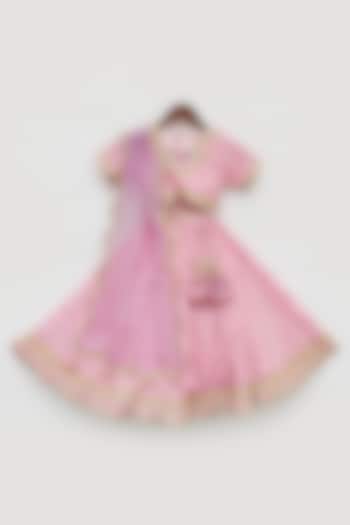 Pink Cotton Printed & Embroidered Lehenga Set by Fayon Kids
