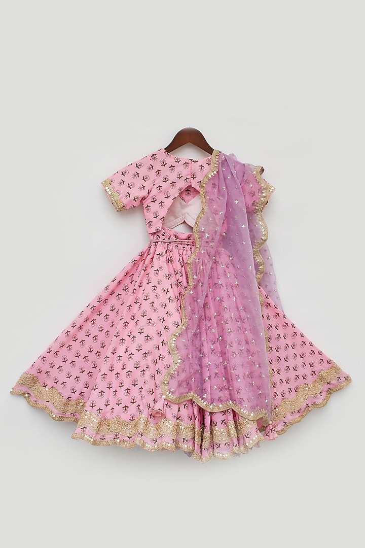 Pink Cotton Printed & Embroidered Lehenga Set by Fayon Kids at Pernia's Pop Up Shop