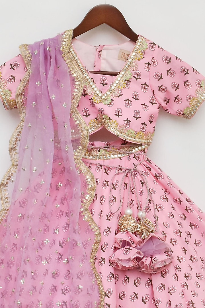 Pink Cotton Printed & Embroidered Lehenga Set by Fayon Kids at Pernia's Pop Up Shop