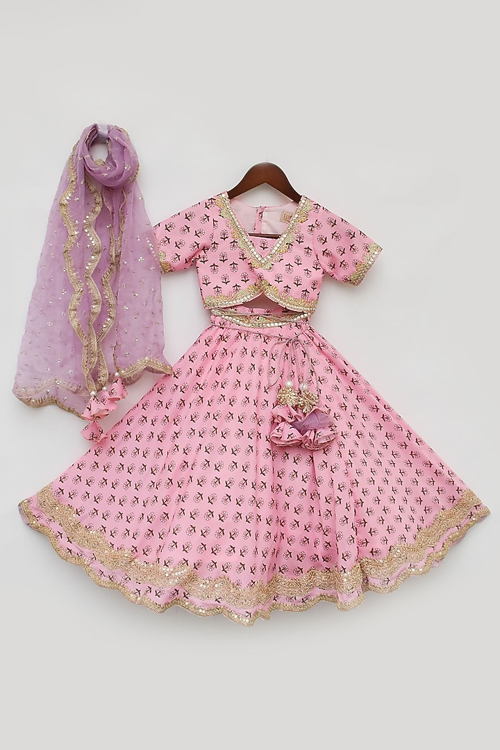 Pink Cotton Printed & Embroidered Lehenga Set by Fayon Kids at Pernia's Pop Up Shop