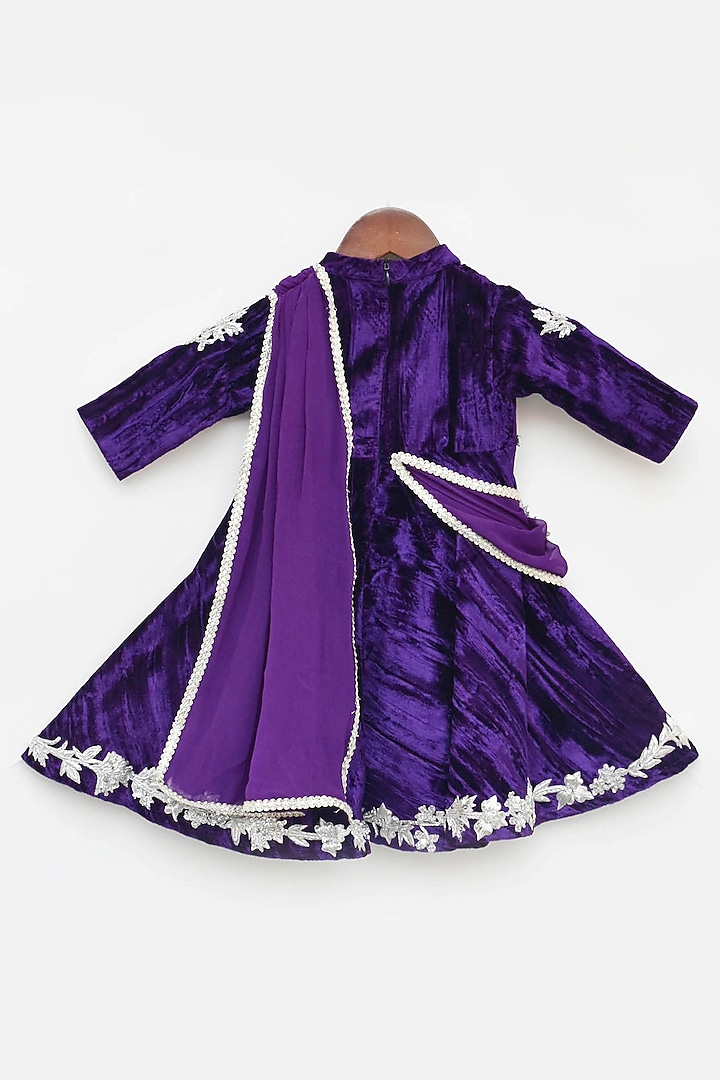 Purple Velvet Embroidered Anarkali Set For Girls by Fayon Kids at Pernia's Pop Up Shop