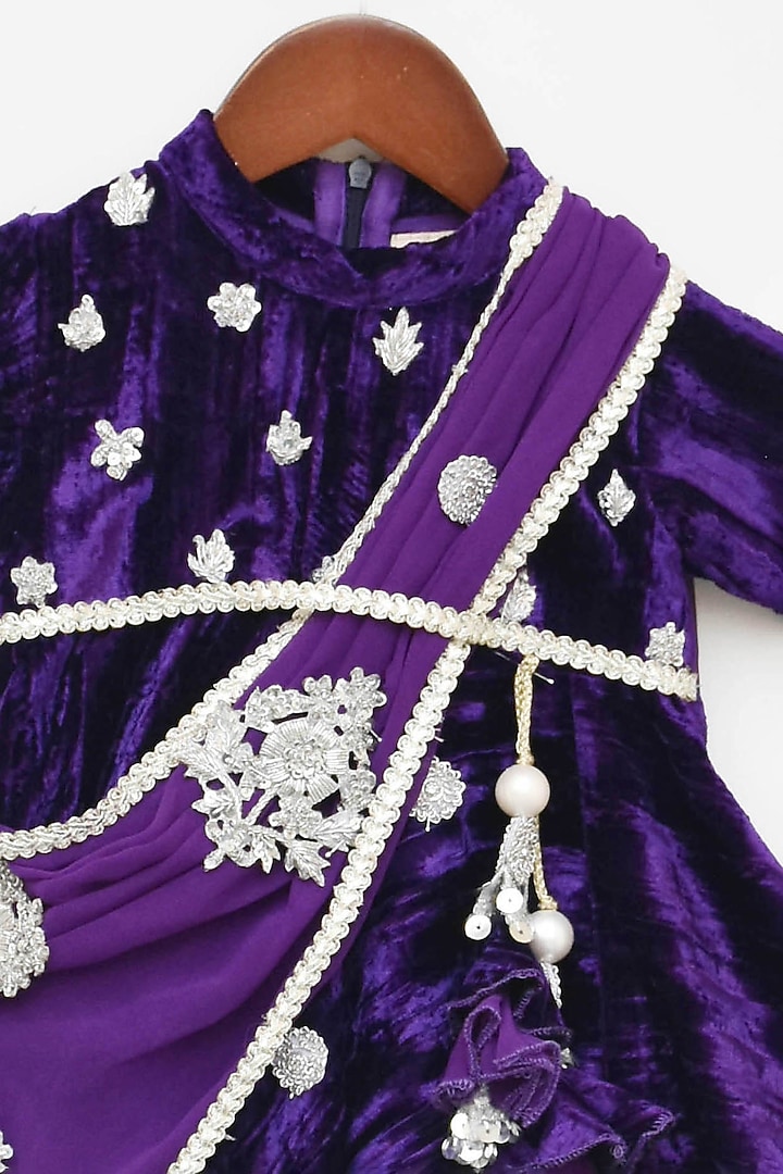 Purple Velvet Embroidered Anarkali Set For Girls by Fayon Kids at Pernia's Pop Up Shop