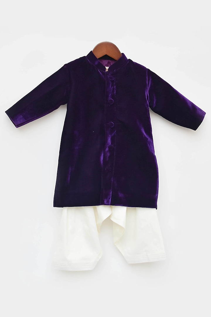 Purple Velvet Achkan Kurta Set For Boys by Fayon Kids