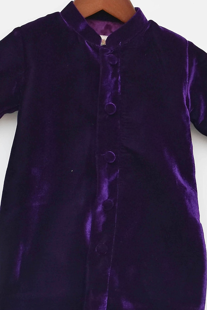 Purple Velvet Achkan Kurta Set For Boys by Fayon Kids at Pernia's Pop Up Shop
