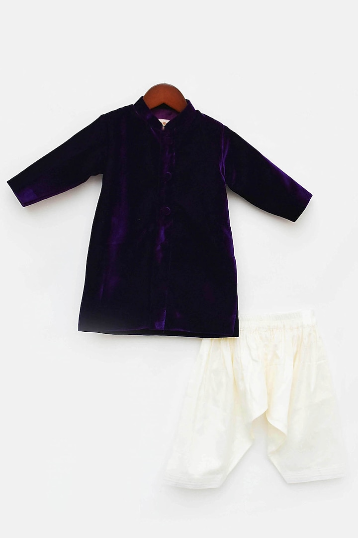 Purple Velvet Achkan Kurta Set For Boys by Fayon Kids at Pernia's Pop Up Shop