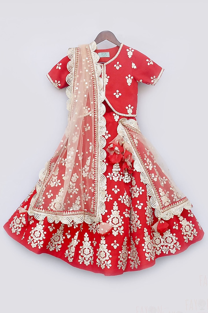 Red Georgette Gota Embroidered Lehenga Set For Girls by Fayon Kids at Pernia's Pop Up Shop