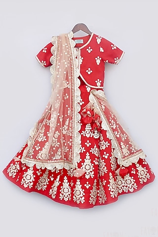 Red Georgette Gota Embroidered Lehenga Set For Girls by Fayon Kids