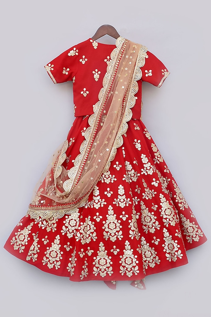 Red Georgette Gota Embroidered Lehenga Set For Girls by Fayon Kids at Pernia's Pop Up Shop