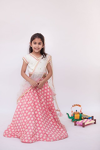 Peach Glace Cotton Embroidered Lehenga Set For Girls by Fayon Kids