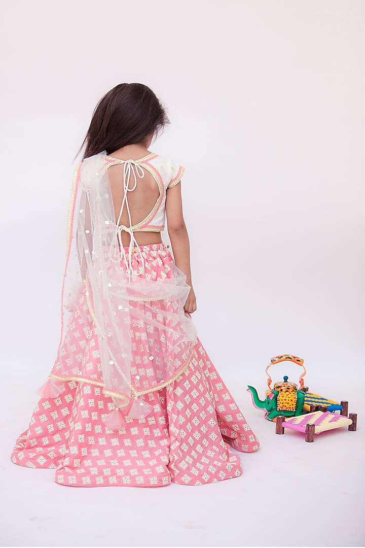 Peach Glace Cotton Embroidered Lehenga Set For Girls by Fayon Kids at Pernia's Pop Up Shop