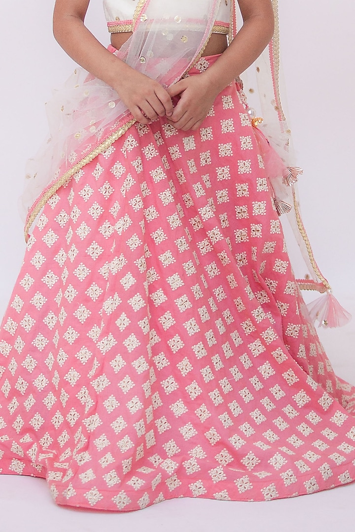 Peach Glace Cotton Embroidered Lehenga Set For Girls by Fayon Kids at Pernia's Pop Up Shop