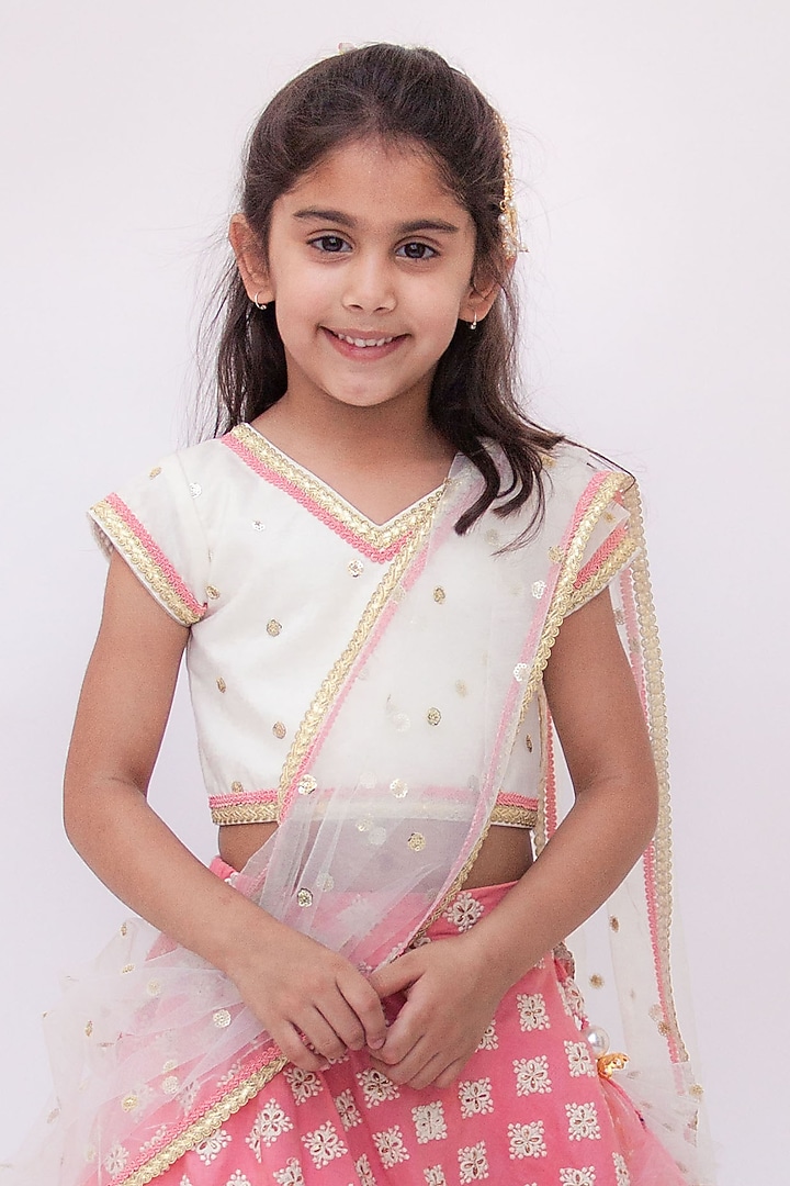 Peach Glace Cotton Embroidered Lehenga Set For Girls by Fayon Kids at Pernia's Pop Up Shop