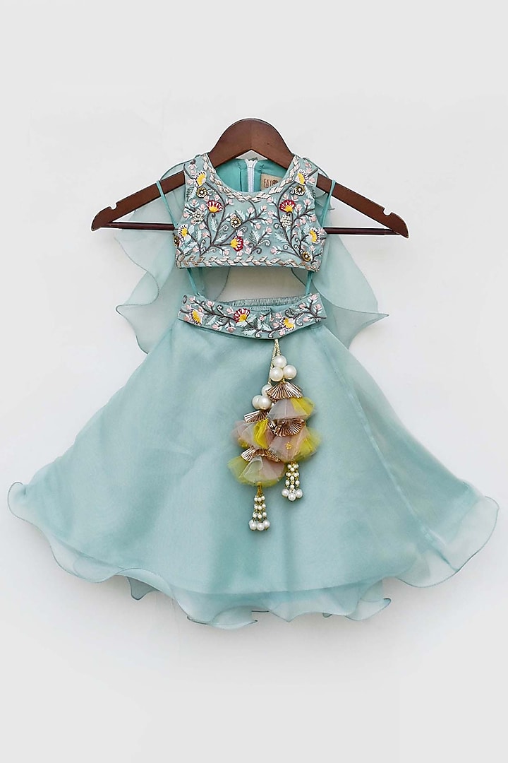 Blue Organza Lehenga Set For Girls by Fayon Kids at Pernia's Pop Up Shop