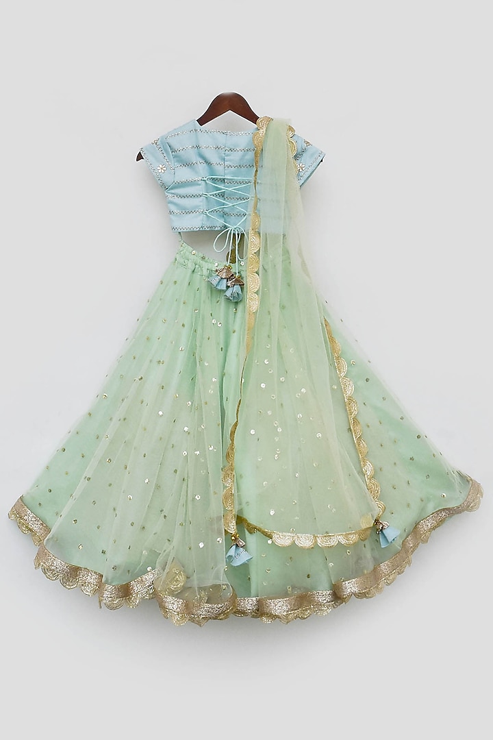 Green Net Lehenga Set For Girls by Fayon Kids at Pernia's Pop Up Shop