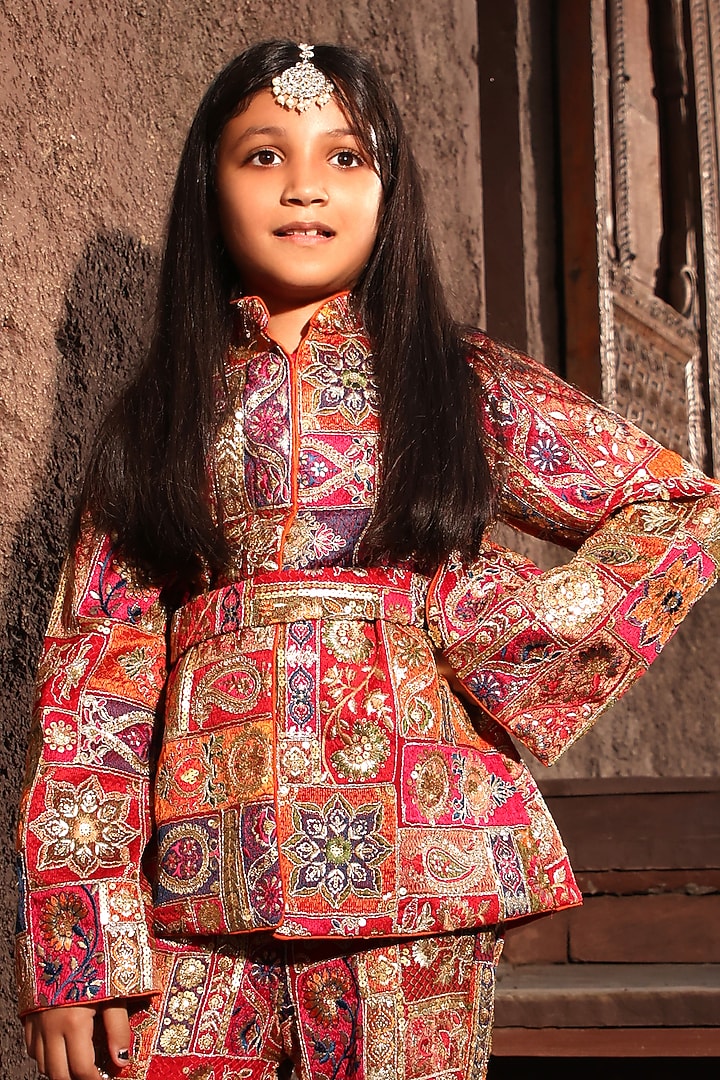 Multi-Colored Georgette Thread & Sequins Embroidered Sharara Set For Girls by Fayon Kids at Pernia's Pop Up Shop