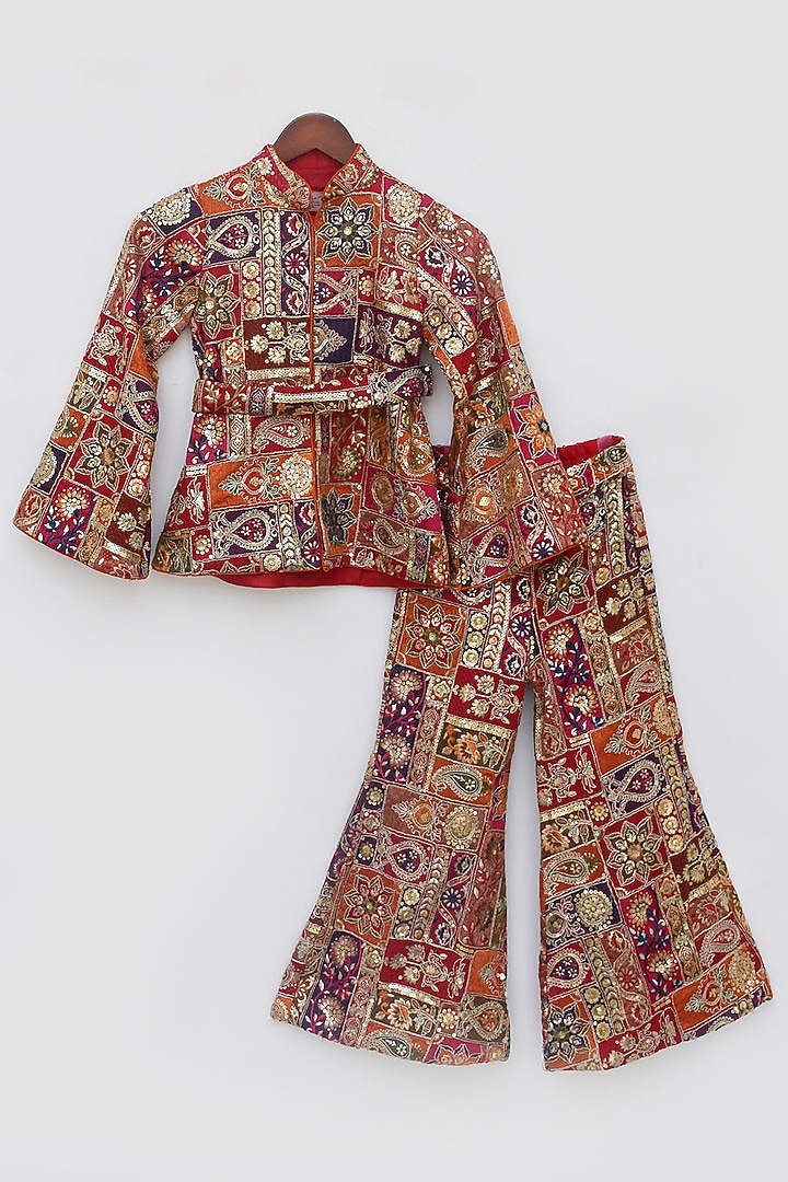 Multi-Colored Georgette Thread & Sequins Embroidered Sharara Set For Girls by Fayon Kids at Pernia's Pop Up Shop