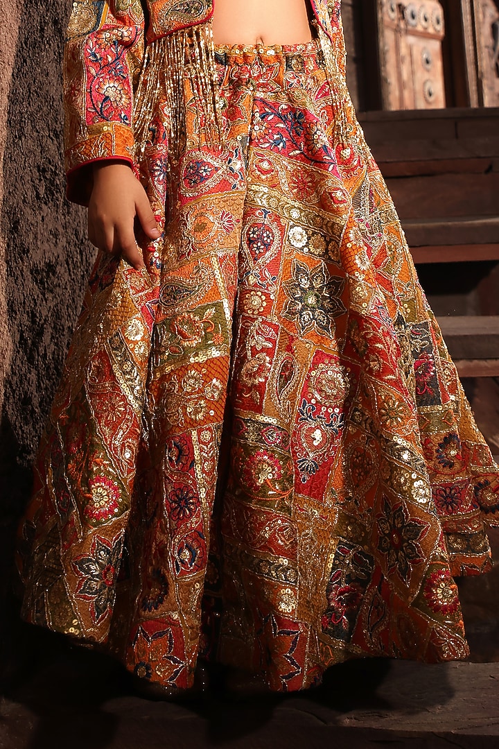 Multi-Colored Georgette Thread & Sequins Embroidered Skirt Set For Girls by Fayon Kids at Pernia's Pop Up Shop