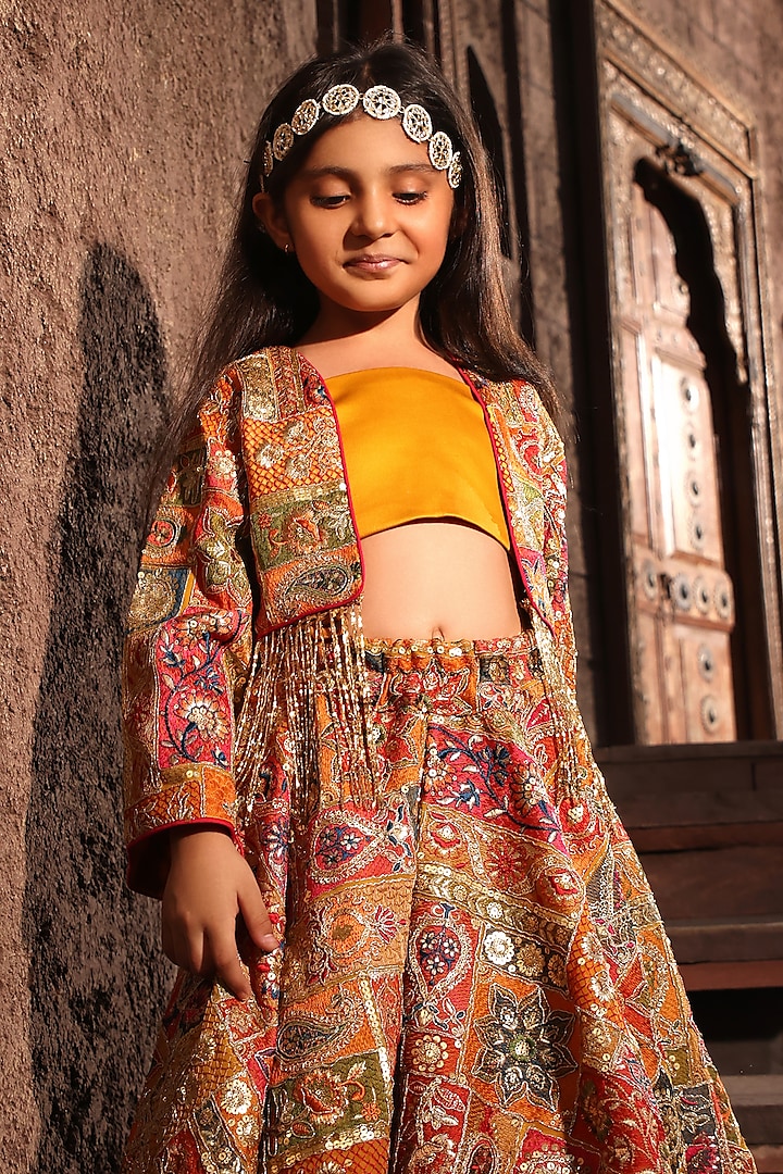 Multi-Colored Georgette Thread & Sequins Embroidered Skirt Set For Girls by Fayon Kids at Pernia's Pop Up Shop