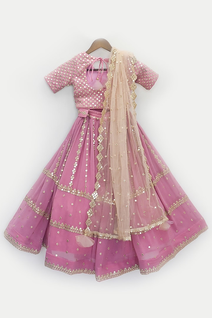 Pink Georgette Tassels Embroidered Lehenga Set For Girls by Fayon Kids at Pernia's Pop Up Shop