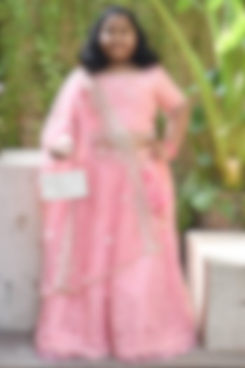 Pink Net Thread & Sequins Embroidered Lehenga Set For Girls by Fayon Kids at Pernia's Pop Up Shop