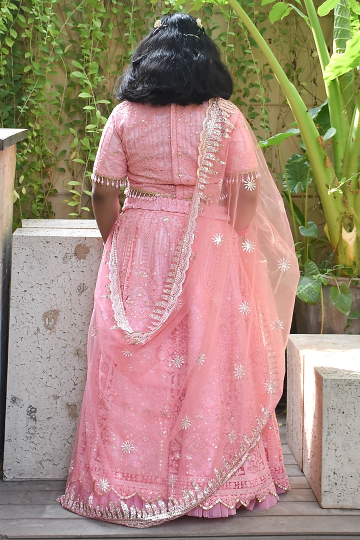 Pink Net Thread & Sequins Embroidered Lehenga Set For Girls by Fayon Kids at Pernia's Pop Up Shop