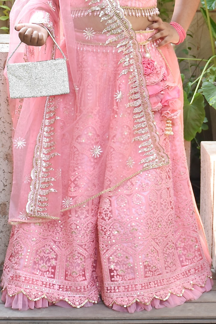 Pink Net Thread & Sequins Embroidered Lehenga Set For Girls by Fayon Kids at Pernia's Pop Up Shop