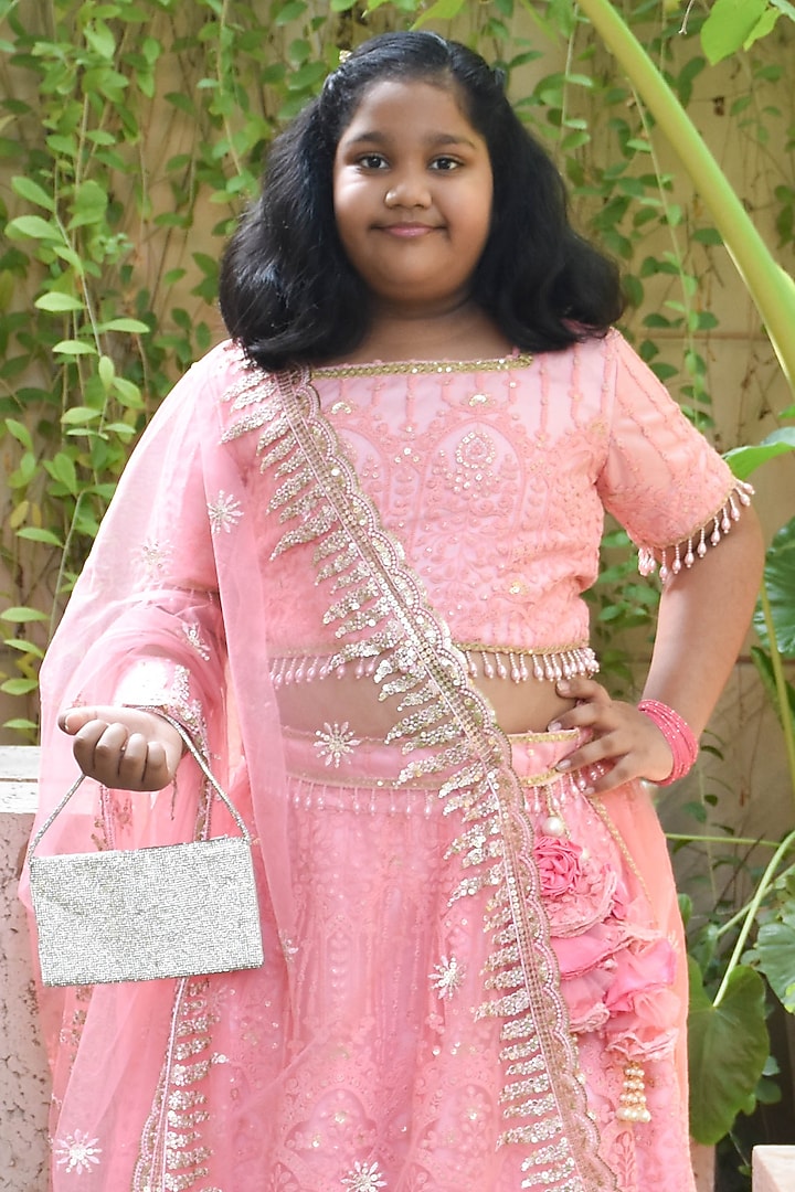 Pink Net Thread & Sequins Embroidered Lehenga Set For Girls by Fayon Kids at Pernia's Pop Up Shop