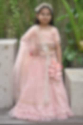 Peach Net Sequins Embroidered Lehenga Set For Girls by Fayon Kids at Pernia's Pop Up Shop