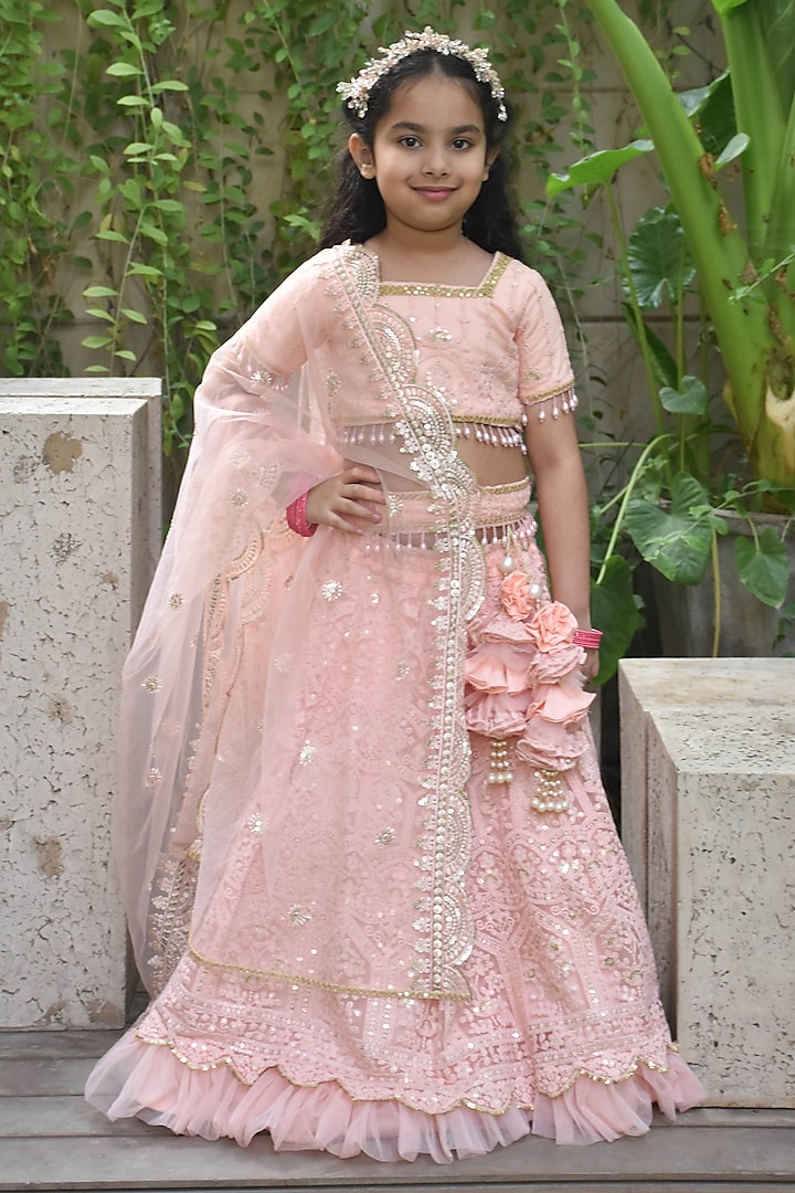 Peach Net Sequins Embroidered Lehenga Set For Girls by Fayon Kids at Pernia's Pop Up Shop