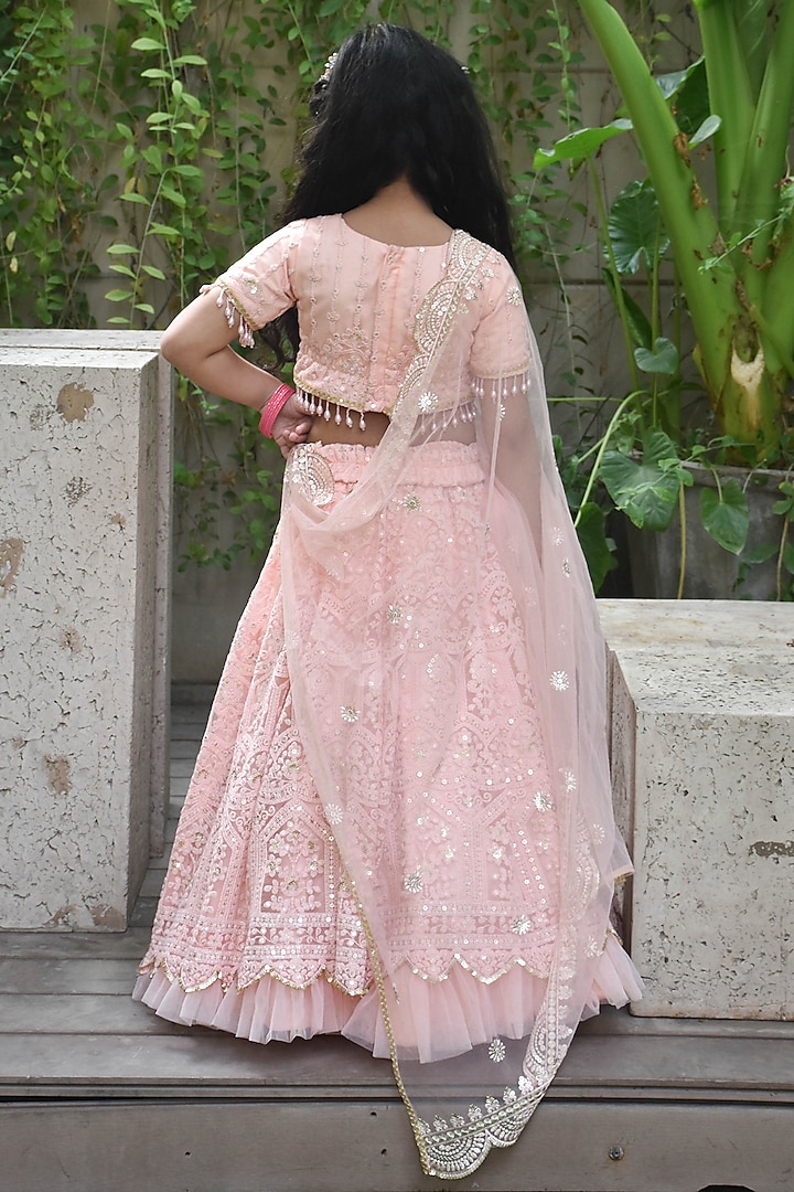Peach Net Sequins Embroidered Lehenga Set For Girls by Fayon Kids at Pernia's Pop Up Shop