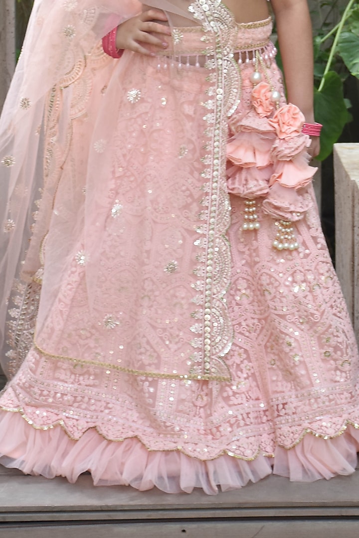 Peach Net Sequins Embroidered Lehenga Set For Girls by Fayon Kids at Pernia's Pop Up Shop