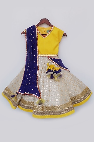 Off-White Brocade Lehenga Set For Girls by Fayon Kids