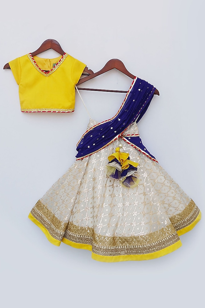 Off-White Brocade Lehenga Set For Girls by Fayon Kids at Pernia's Pop Up Shop