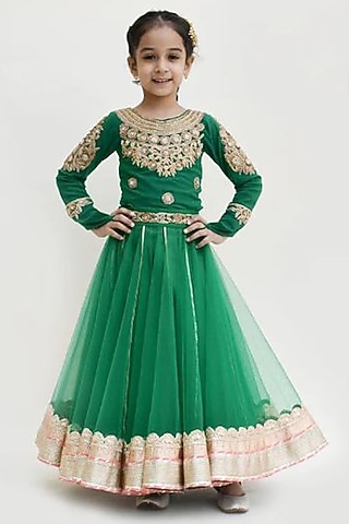 Green Net Embroidered Lehenga Set For Girls by Fayon Kids