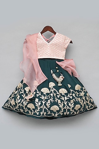 Green Georgette Gota Embroidered Lehenga Set For Girls by Fayon Kids