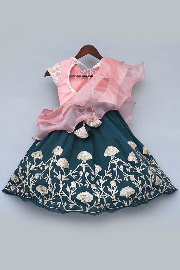 Green Georgette Gota Embroidered Lehenga Set For Girls by Fayon Kids at Pernia's Pop Up Shop