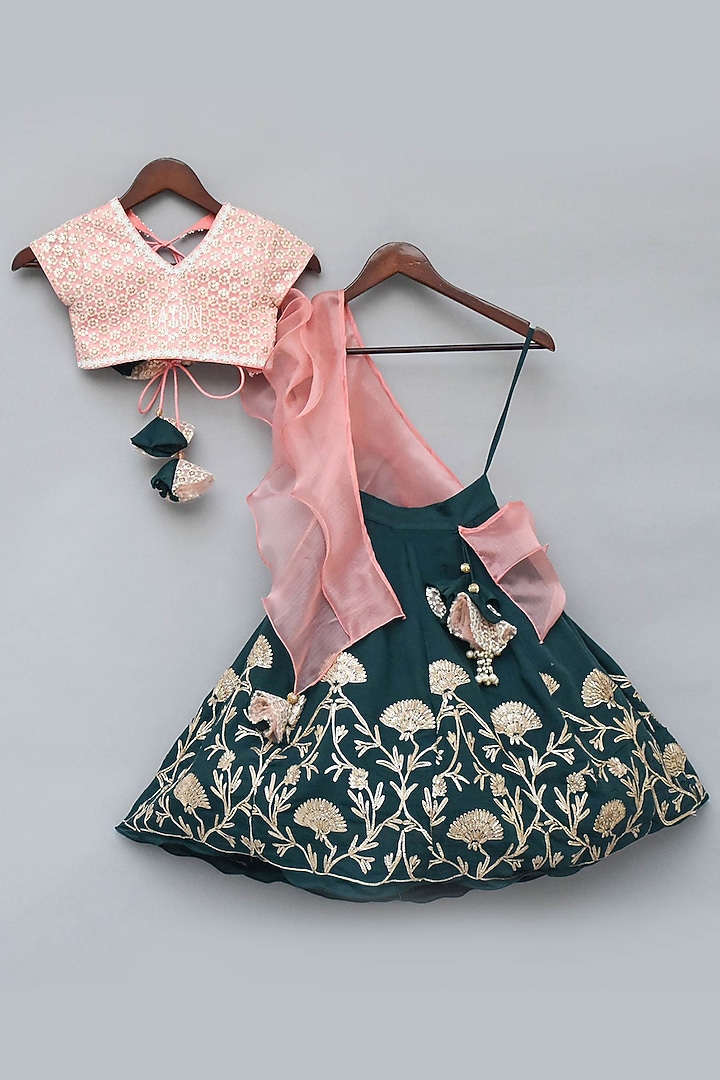 Green Georgette Gota Embroidered Lehenga Set For Girls by Fayon Kids at Pernia's Pop Up Shop
