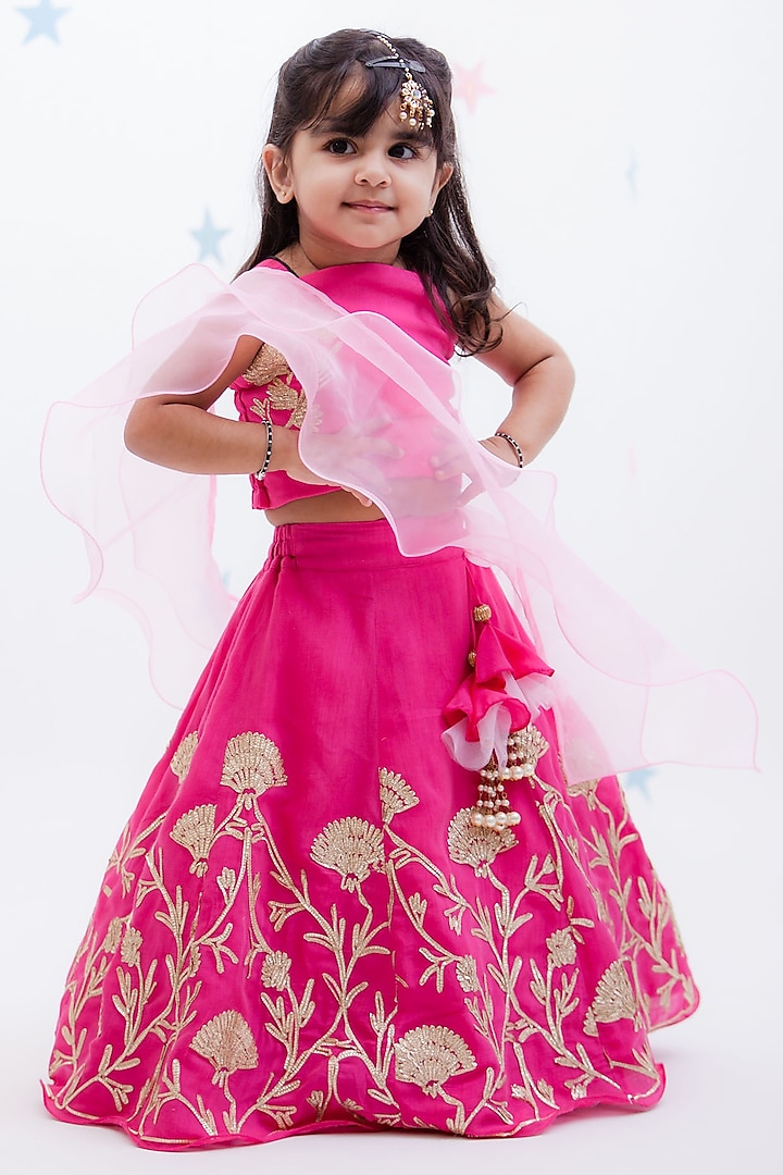 Pink Chinon Gota Embroidered Lehenga Set For Girls by Fayon Kids at Pernia's Pop Up Shop