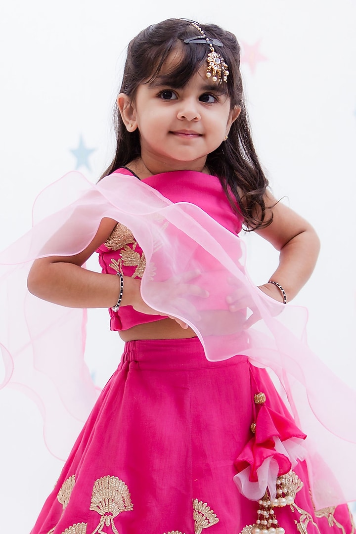 Pink Chinon Gota Embroidered Lehenga Set For Girls by Fayon Kids at Pernia's Pop Up Shop